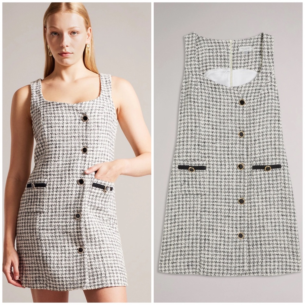 NEW Ted Baker London Lyrrad Check Sleeveless Cotton Blend Tweed Sheath Dress